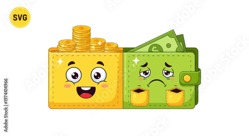 Happy Rich Wallet vs Sad Poor Wallet with Coins and Bills