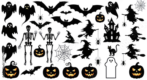 Halloween Icons: Ghosts, Bats, Skeletons, Witches, Pumpkins, Spiders, Black Cat