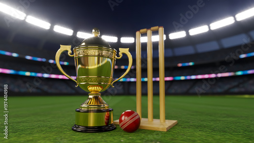 A professional photograph of a golden trophy, cricket ball, and wickets on a green field in a stadium.