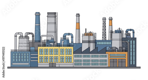 Industrial factory complex with multiple buildings and smokestacks.