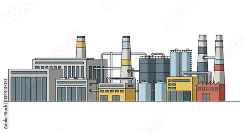 Industrial factory complex with multiple buildings and smokestacks.