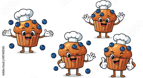 Cute Blueberry Muffin Characters with Chef Hats, Juggling Berries