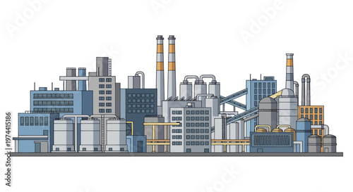 Industrial factory complex with multiple buildings and smokestacks.