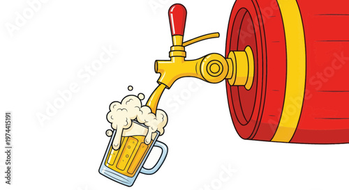 Beer pouring from barrel tap into frothy glass, isolated on white