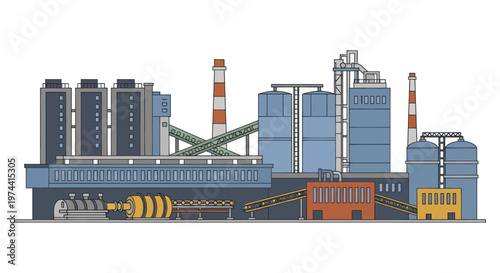 Industrial Factory Complex with Silos and Smokestacks.