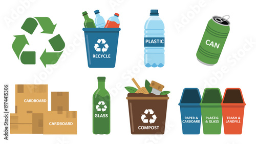 recycling vector symbols show eco-friendly bins and recyclable materials in a modern setting, clean sustainability concept illustration for waste management, environmental protection
