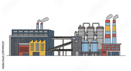 Industrial Factory Complex with Smokestacks and Buildings.