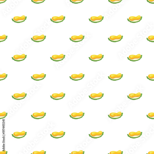 Durian flesh pieces forming a seamless tropical food pattern on white background