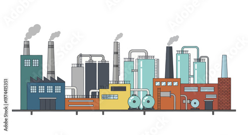Industrial Factory Complex with Smokestacks and Buildings.