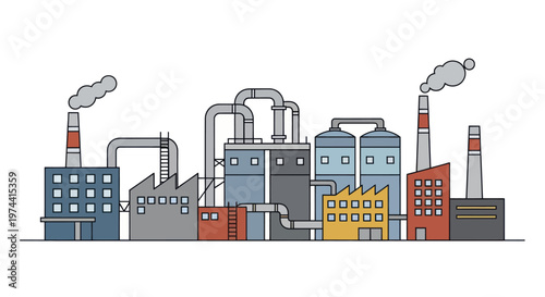 Industrial Factory Complex with Smokestacks and Buildings.