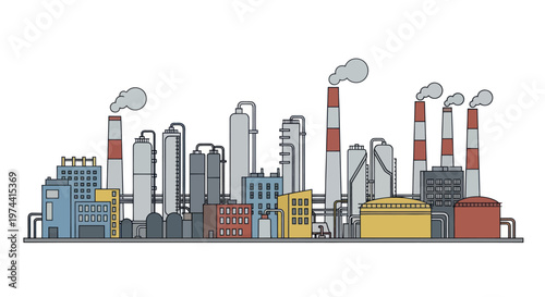 Industrial Factory Complex with Smokestacks and Buildings.