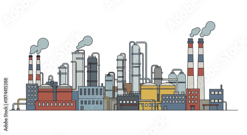 Industrial Factory Complex with Smokestacks and Buildings.