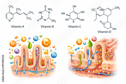 Vitamins Chemical Structures and Nutrient Absorption in Intestinal Villi Illustration