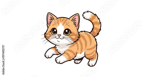 Cartoon-style illustration of an orange tabby kitty with big, expressive eyes and a playful pose, set against a clean white backdrop with a cheerful and innocent mood, created with smooth