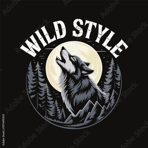 Silhouette Wolf Howls Stylized Moon Sun Stock Vector
