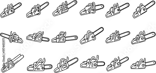 Black and White Line Art Chainsaws Collection: Hand-drawn Power Tools for Forestry, Logging, Construction, and Garden Work