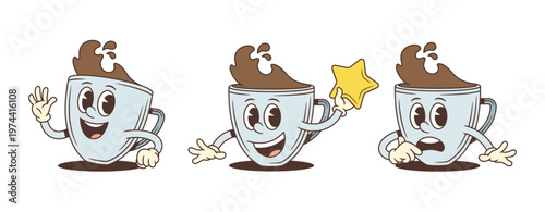 Set of three retro coffee cup cartoon characters with various emotions. Includes waving, holding a star, and a shocked face. Mascot vector illustration for cafes and branding