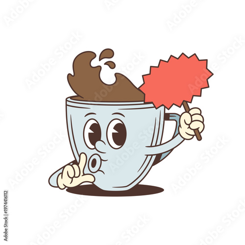 Coffee cup cartoon character with a shushing gesture holding a blank sign. Retro mascot vector illustration for secret menus, special offers, and quiet zones. Confidential concept
