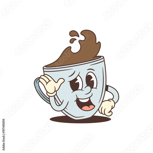 Coffee cup cartoon character listening to a secret. Retro mascot vector illustration for cafe promotions, gossip columns, and confidential news. Represents attentiveness and juicy information