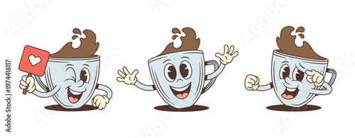 Set of three retro coffee cup cartoon characters. Includes winking with a heart icon, a welcoming wave, and a thinking pose. A cheerful mascot vector illustration for social media and cafes