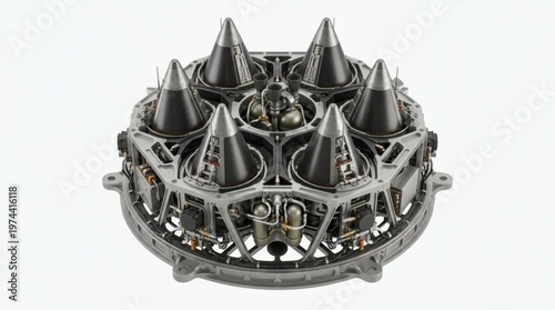 A detailed view of a multiple independently targetable re-entry vehicle (MIRV) bus with several conical warheads.