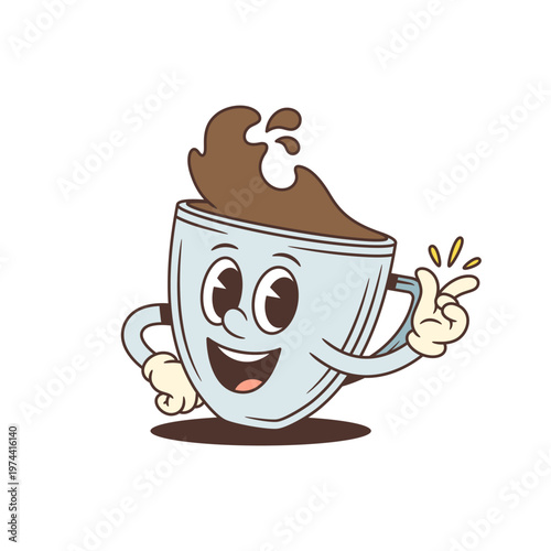 Snapping fingers coffee cup cartoon character. Magical retro mascot vector illustration for instant ideas, quick service, and coffee-themed designs. A cheerful and energetic concept