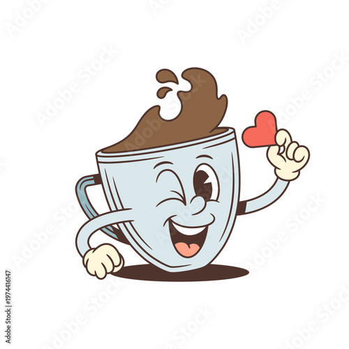 Winking coffee cup cartoon character holding a heart. Adorable retro mascot vector illustration for Valentine's Day cards, coffee lovers, and romantic cafe themes. Expresses love and affection