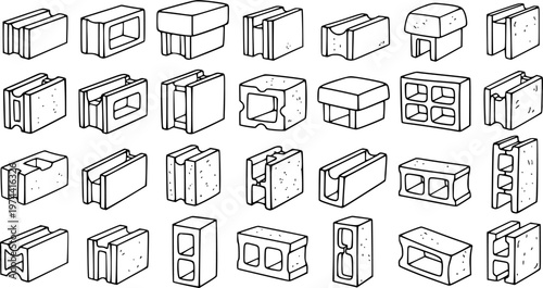 Black and White Line Art Vector Set of Various Concrete Blocks and Cinder Building Materials for Construction Industry