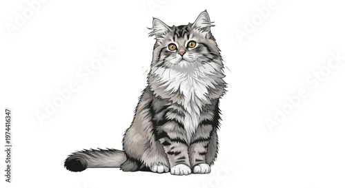 A fluffy tabby cat with silver and black stripes sits attentively against a clean white background, its long fur detailed in a digital illustration with a soft, painterly style and bright