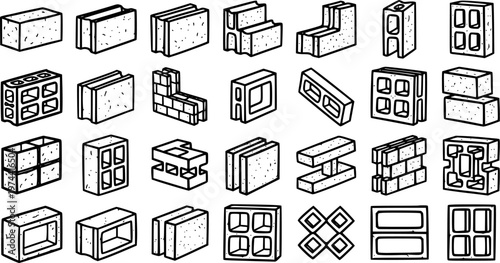 Black and White Line Art of Various Concrete Blocks and Bricks for Construction Industry