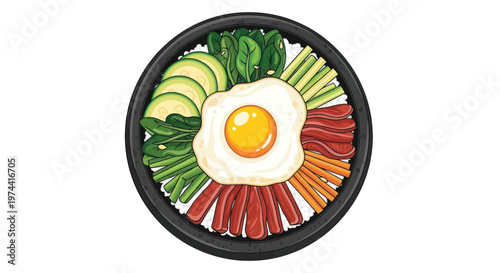 Korean Bibimbap Bowl with Fried Egg, Vegetables, and Meat - Top View Illustration
