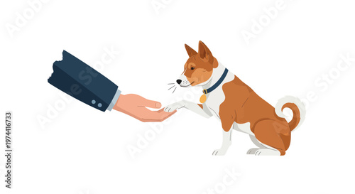 Dog shaking paw with human hand, friendship, trust, partnership, help, support, teamwork