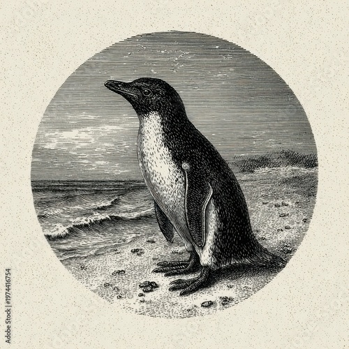 Monochrome penguin engraving: vintage etching style illustration with crosshatching and stippling