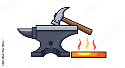 Blacksmith Hammer on Anvil with Hot Metal Bar, Forge, Craftsmanship