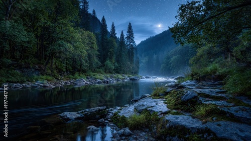 Moonlit forest river with rocky shoreline at night