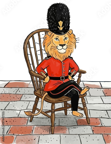 Obraz na plátně British lion character in royal guard uniform sitting on wooden chair