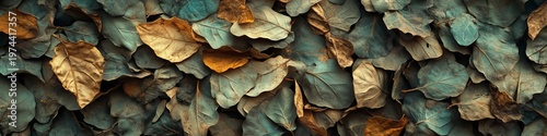 Dried Plant Material Overlaying Substrate, Flat Lay of Weathered Collard Greens with Earthy Tones
