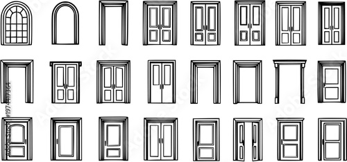 Architecture and Construction Black and White Line Art Icons: Diverse Set of Doors, Doorways, and Archways for Building Design