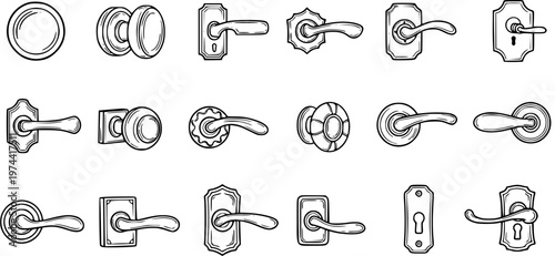 Black and White Line Art Set of Various Door Handles and Knobs, Construction and Interior Design Elements