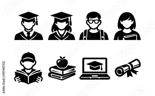 Graduation and education icons set featuring graduates books diploma laptop in black and white silhouette style