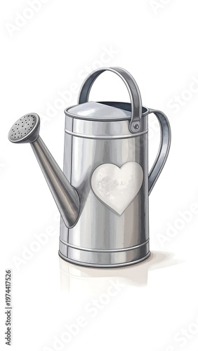 A silver watering can with a heart on its side