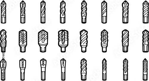 Black and White Line Art Illustration of Various Drill Bits for Construction and DIY