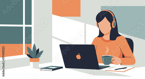 Freelancer Working Remotely Flat Minimal Style Vector Illustration
