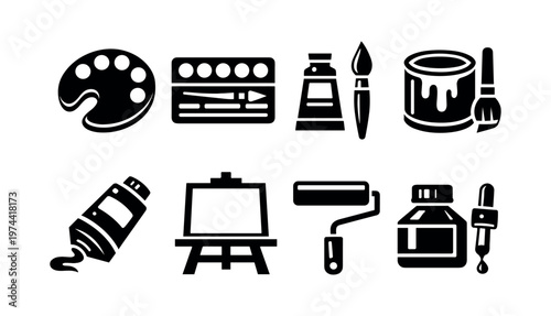 Black and white silhouette vector of art supplies including brushes paint palette and easel