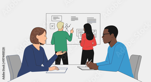 Flat Vector Illustration of Team Brainstorming Discussion Session
