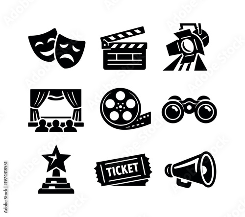 Theater and cinema icons set silhouette style includes masks clapperboard projector film and ticket
