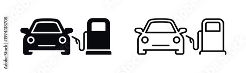 Car and fuel pump icon set, vehicle and gas station symbols, black and white silhouette and outline style