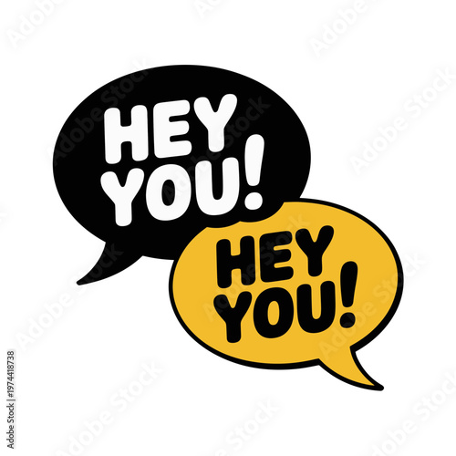 A colorful vector graphic of two speech bubbles with the phrase 'Hey You!' in a playful, comic book style.