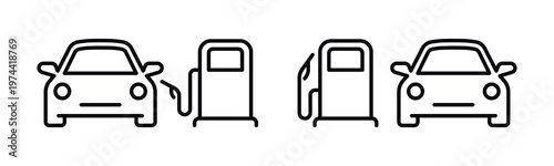 Car refueling icons, gas pump and vehicle illustration, black and white vector silhouette
