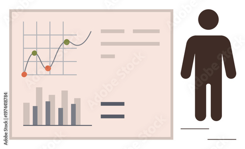 Business strategy, data analysis, performance tracking, market trends, workforce management, communication. Line chart with data points, bar graph human figure. Data analysis and performance